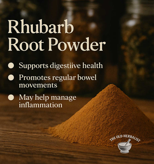 Rhubarb root powder with health benefits listed on a wooden surface, branded 'The Old Herbalist'.