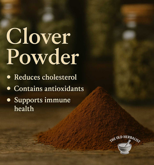 Clover powder with health benefits text and The Old Herbalist logo.