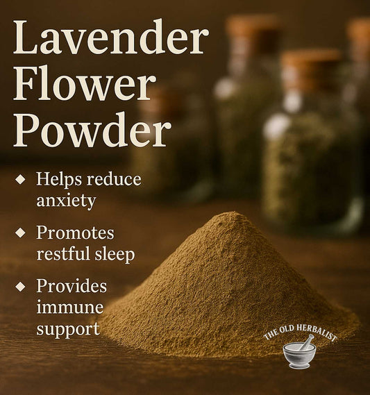Lavender flower powder with text about its benefits and The Old Herbalist logo.