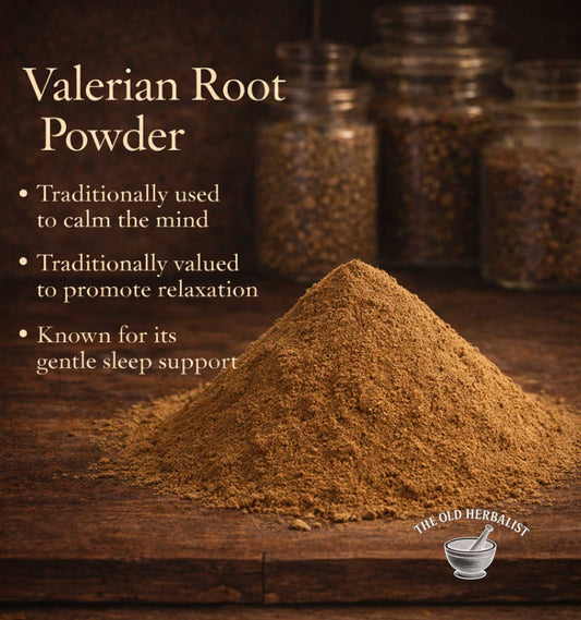 Valerian root powder with text about its uses on a wooden surface, featuring The Old Herbalist brand.
