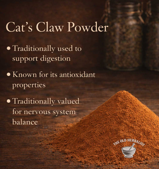 Cat's Claw Powder with text on a wooden background, featuring The Old Herbalist logo.