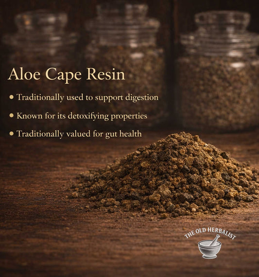 Aloe Cape Resin on a wooden surface with text about its uses and The Old Herbalist logo.