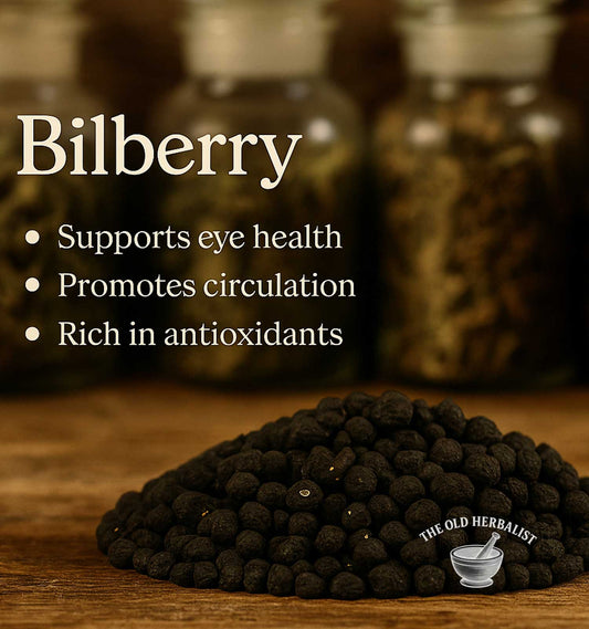 Bilberry berries with text highlighting benefits on a wooden surface, featuring 'The Old Herbalist' brand.
