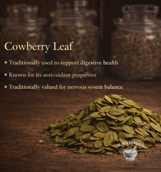 Cowberry leaf with text about its health benefits on a wooden surface, featuring The Old Herbals logo.