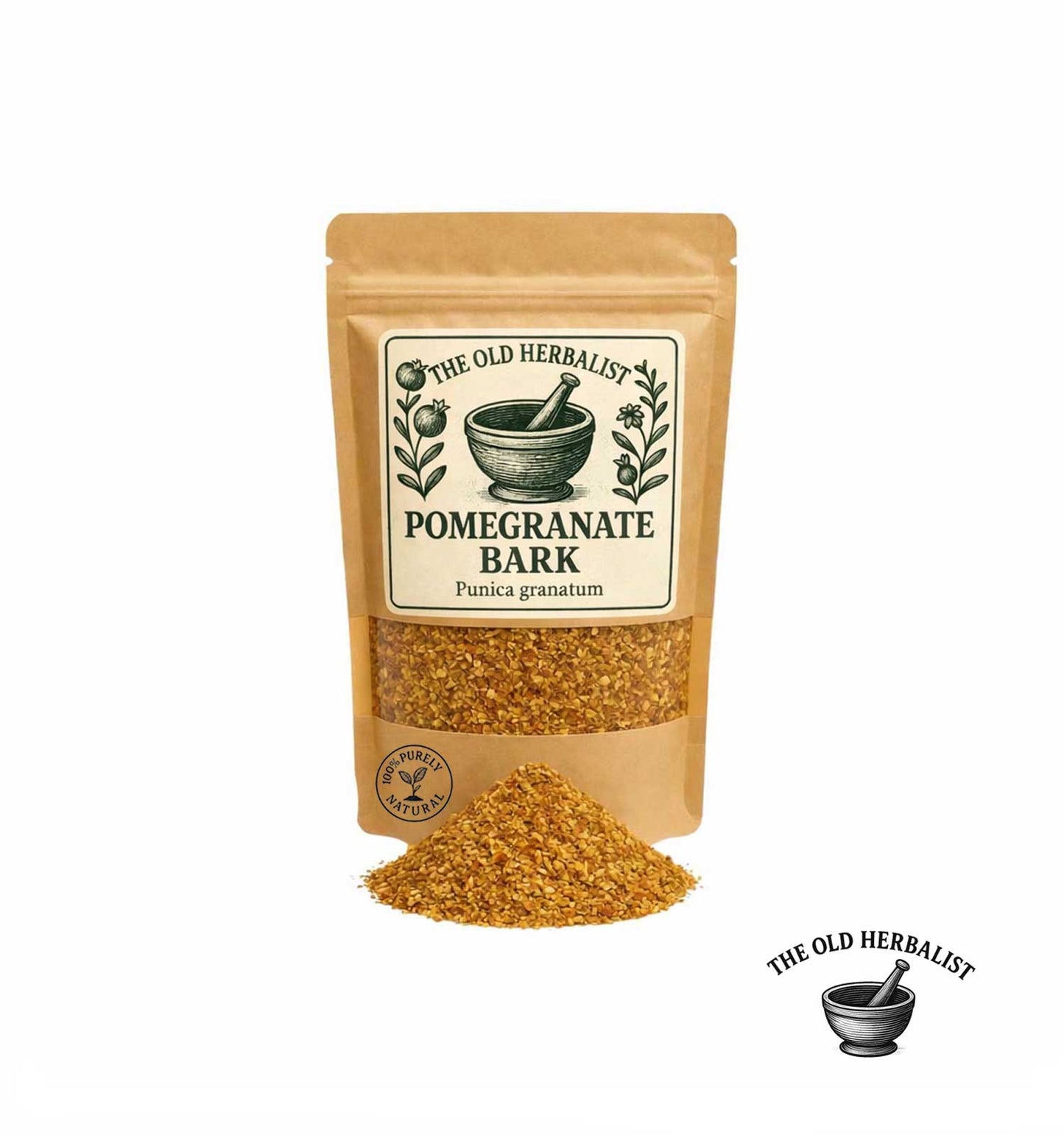 Dried pomegranate bark in kraft pouch – herbal tea ingredient.
