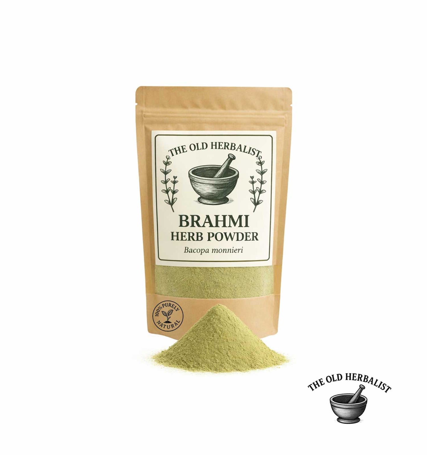 Dried Brahmi powder in kraft pouch – Ayurvedic herbal hair care.