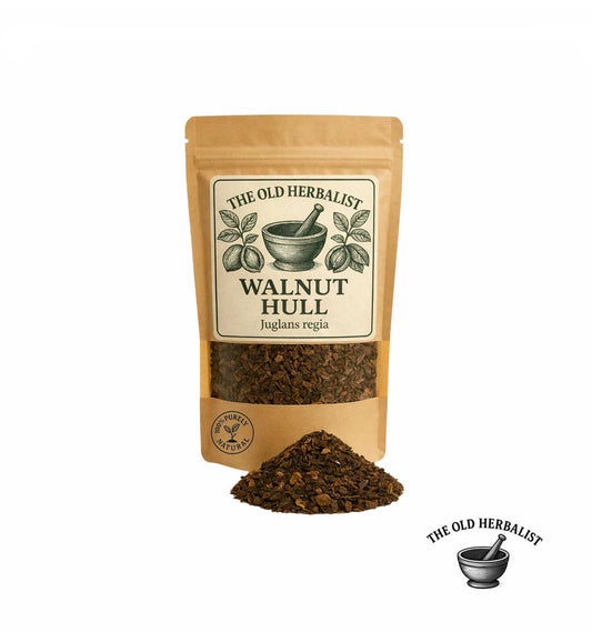 Crushed walnut hull in kraft pouch – herbal ingredient.
