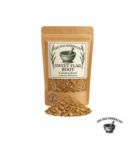 Dried sweet flag root in kraft pouch – herbal root ingredient.