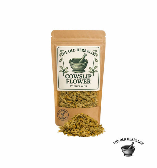 Dried cowslip flowers in kraft pouch – Primula veris herbal flowers.
