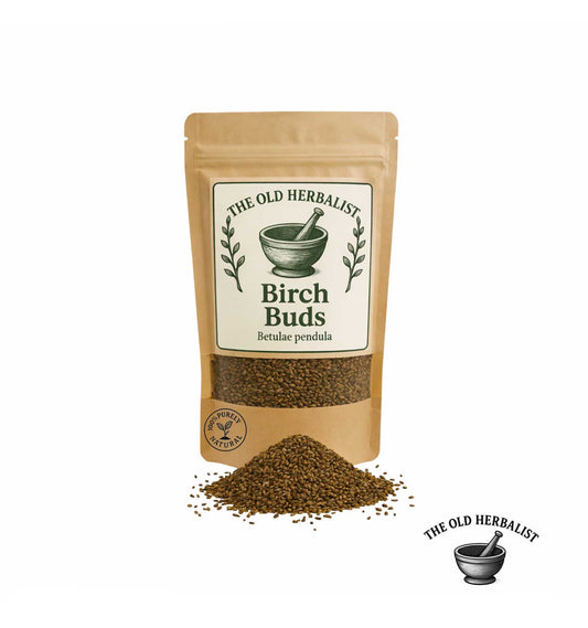 Dried birch buds in kraft pouch – herbal ingredient.
