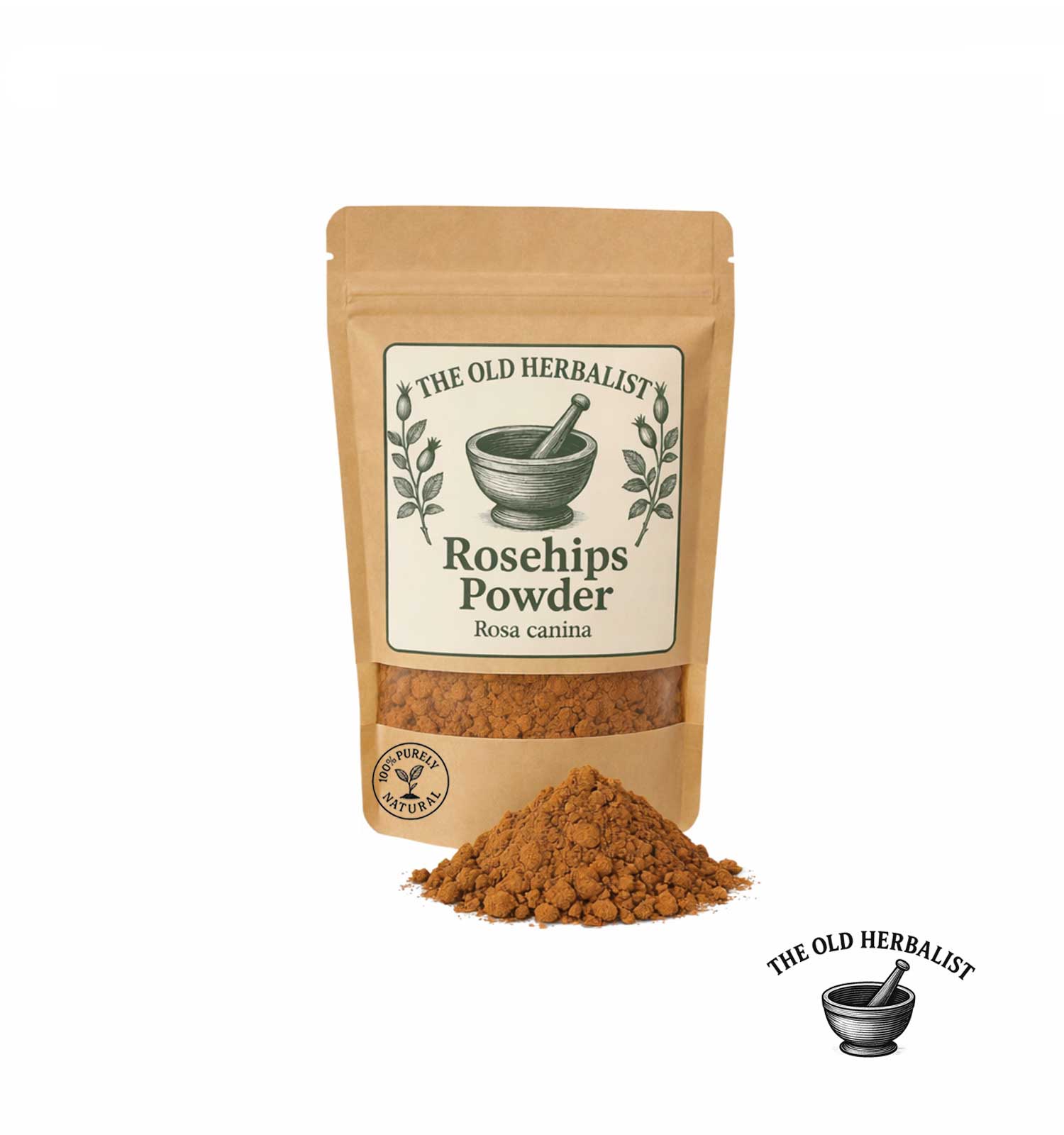 Rosehips powder in kraft pouch – herbal powder ingredient.

