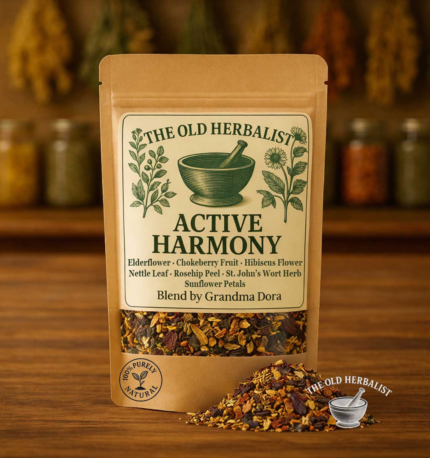 Active Harmony herbal tea blend in kraft pouch
