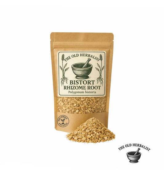 Dried bistort rhizome root in kraft pouch – herbal ingredient.
