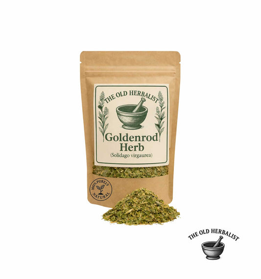 Dried goldenrod herb in kraft pouch – natural herbal ingredient.