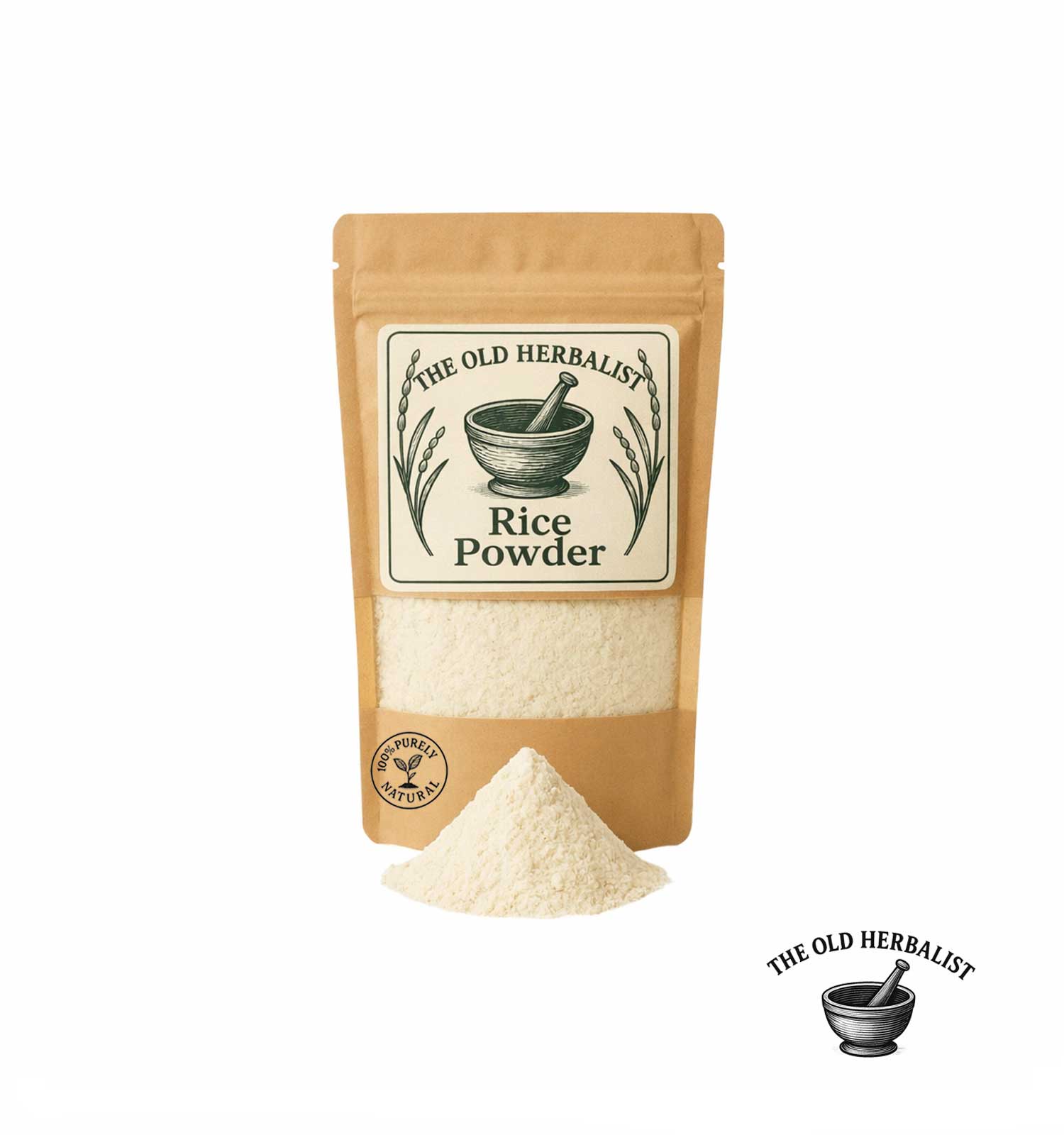 Natural rice powder in kraft pouch – finely milled rice flour.