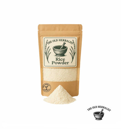 Natural rice powder in kraft pouch – finely milled rice flour.