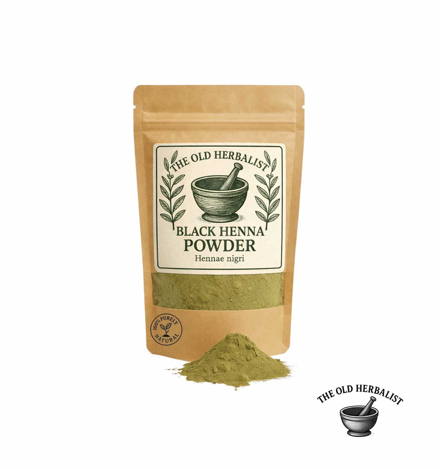 Natural black henna powder in kraft pouch – herbal hair care ingredient.