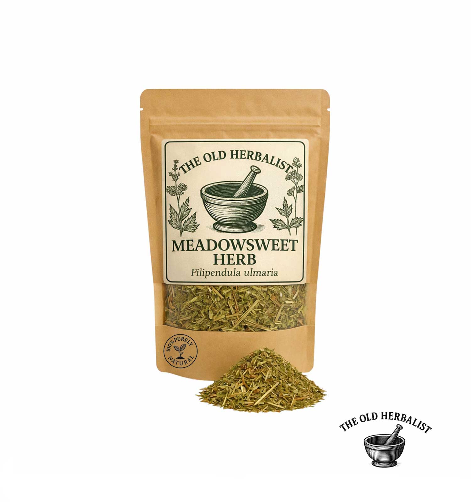 Dried meadowsweet herb in kraft pouch – herbal ingredient.
