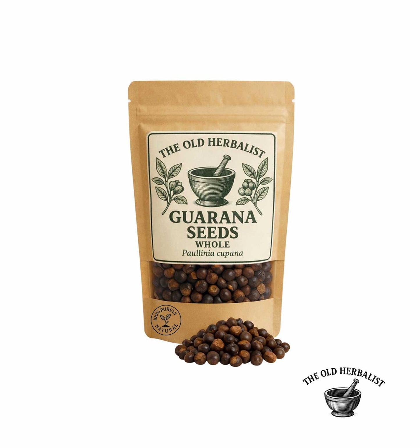 Whole guarana seeds in kraft pouch – herbal energy ingredient.
