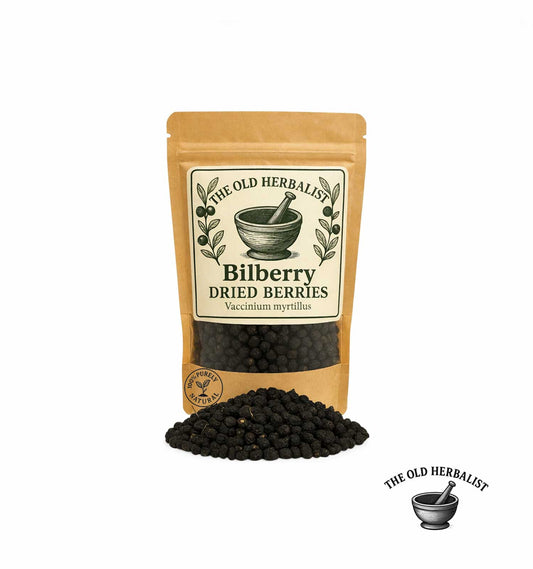 Bag of dried bilberry berries with a label on a white background