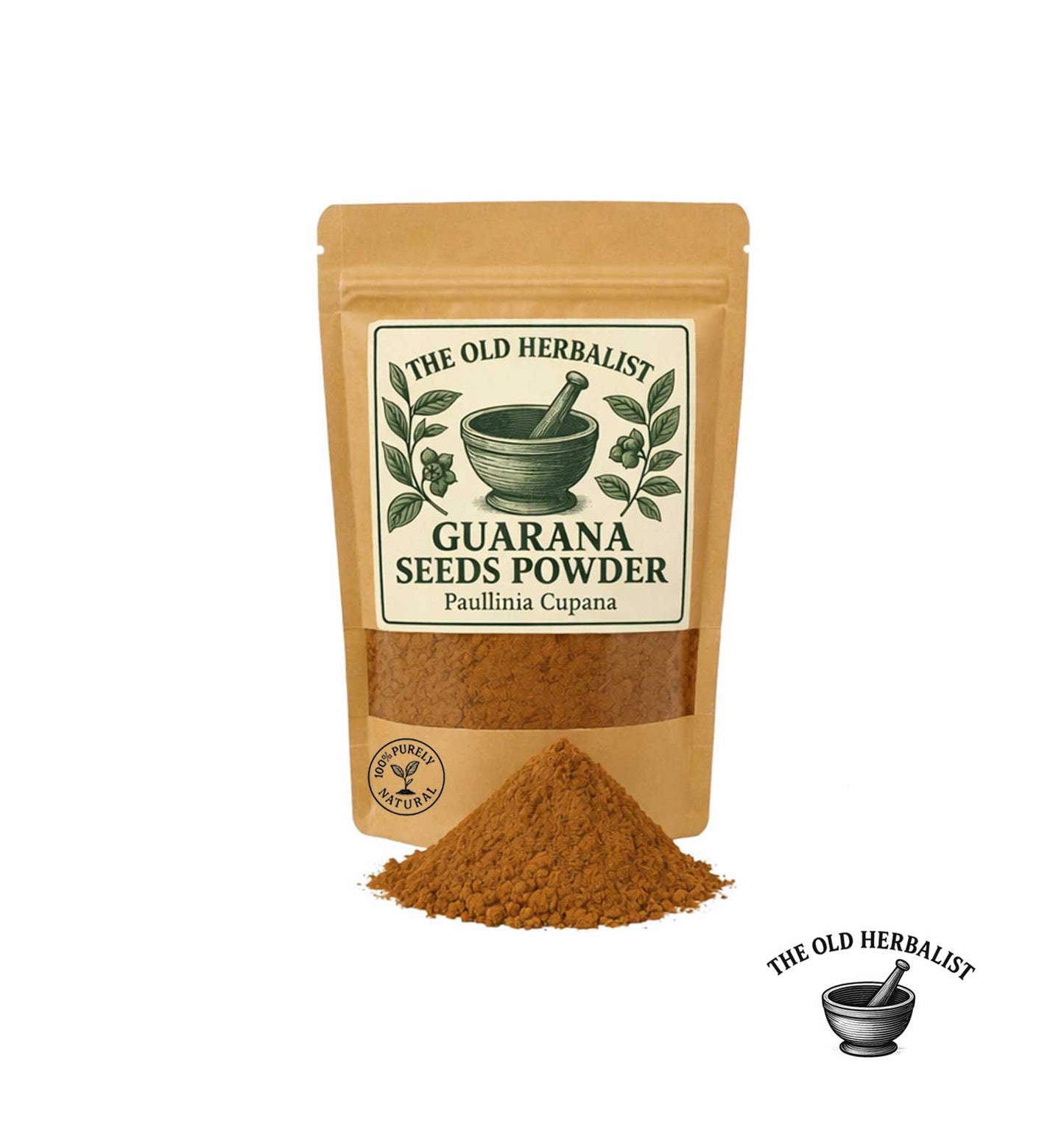 Guarana seeds powder in kraft pouch – herbal powder ingredient.

