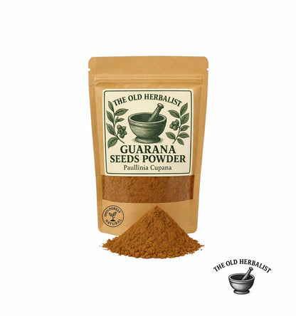 Guarana seeds powder in kraft pouch – herbal powder ingredient.

