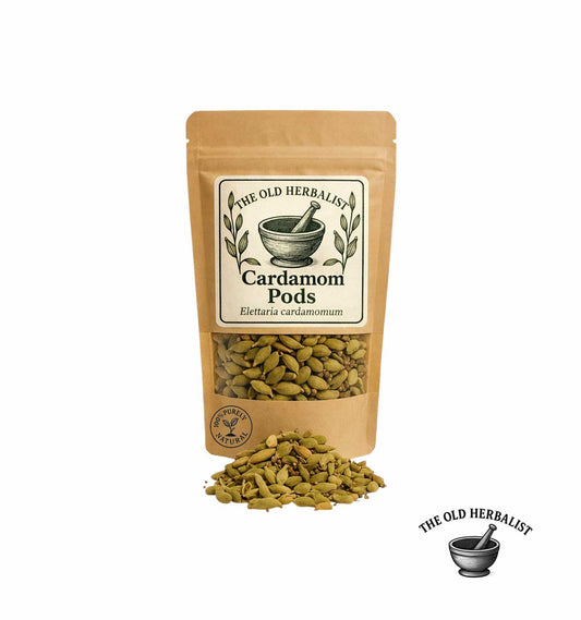 Dried green cardamom pods in kraft pouch – aromatic spice.
