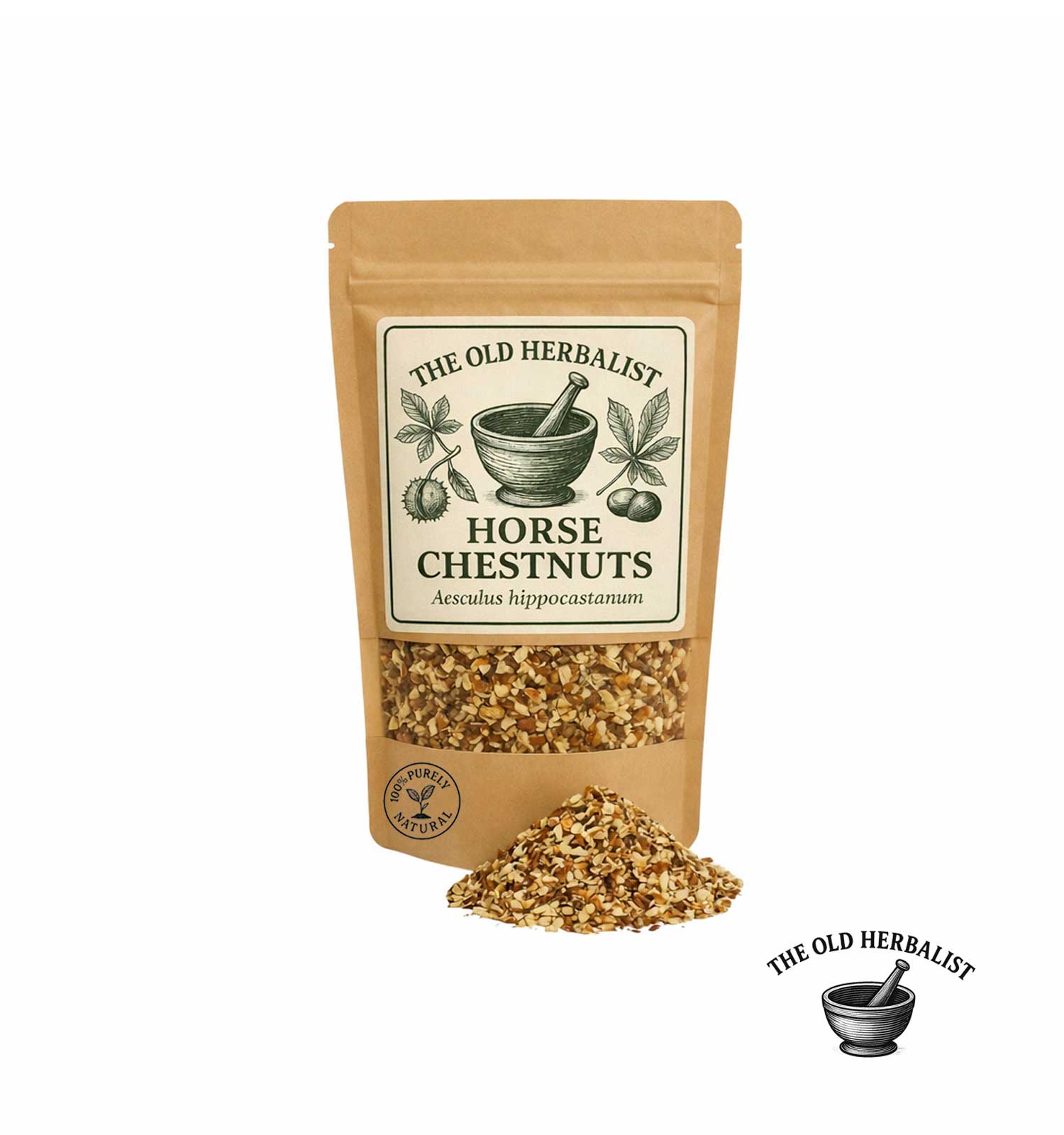 Dried horse chestnut pieces in kraft pouch – herbal ingredient.
