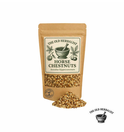 Dried horse chestnut pieces in kraft pouch – herbal ingredient.
