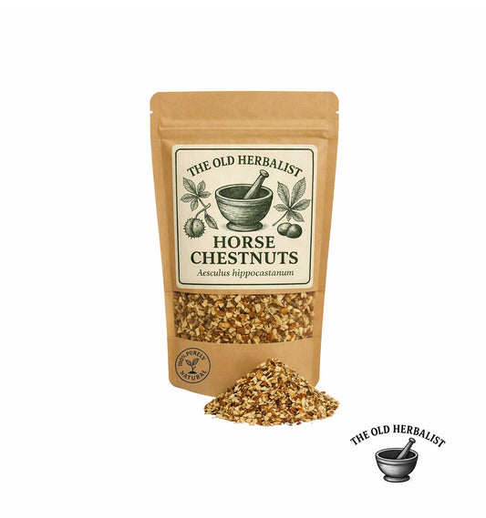 Dried horse chestnut pieces in kraft pouch – herbal ingredient.
