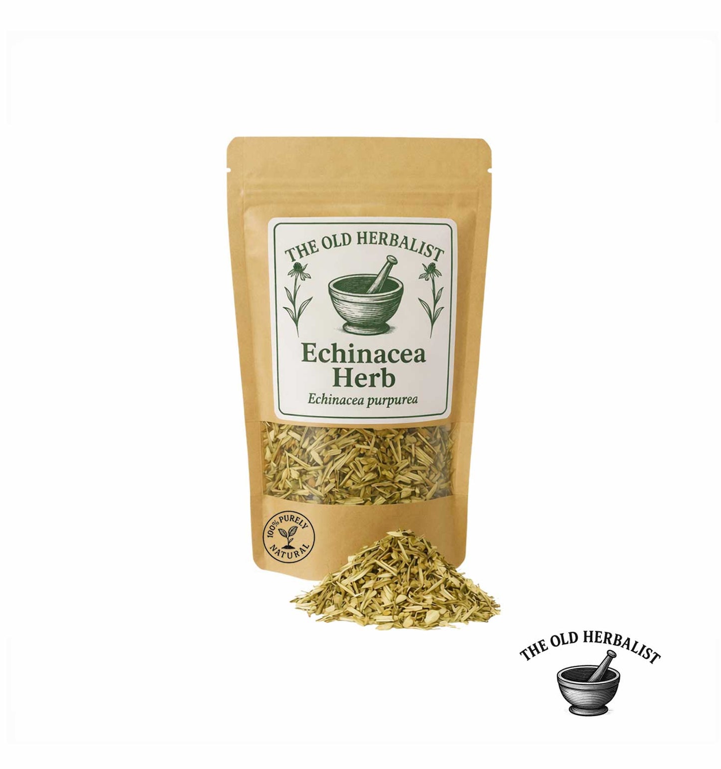 Dried echinacea herb in kraft pouch – natural herbal ingredient.
