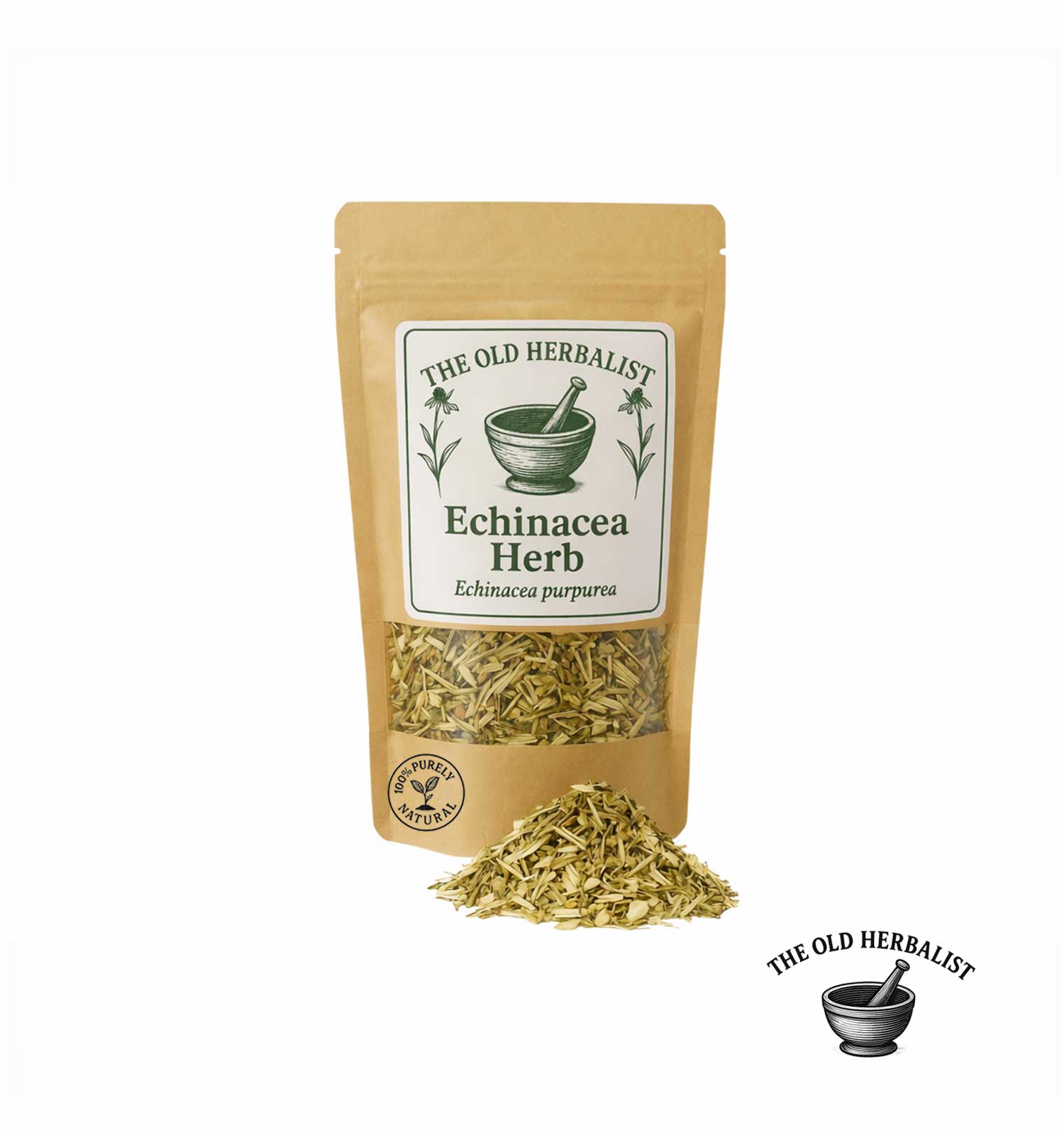 Dried echinacea herb in kraft pouch – natural herbal ingredient.
