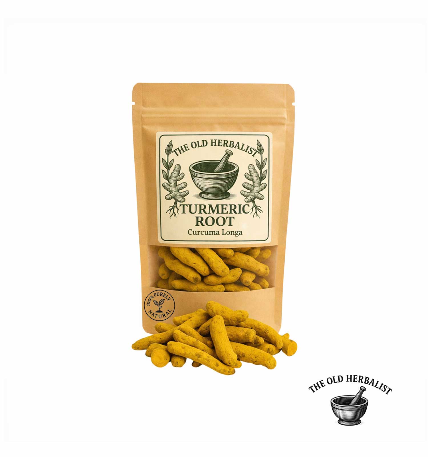 Dried whole turmeric roots in kraft pouch – herbal spice
