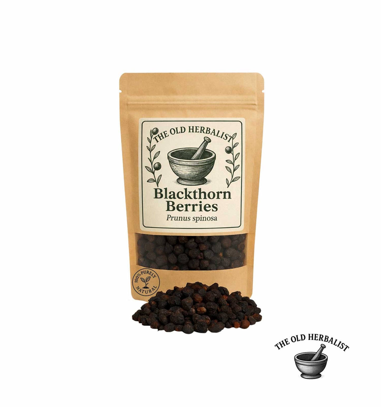Dried blackthorn berries in kraft pouch – herbal ingredient.

