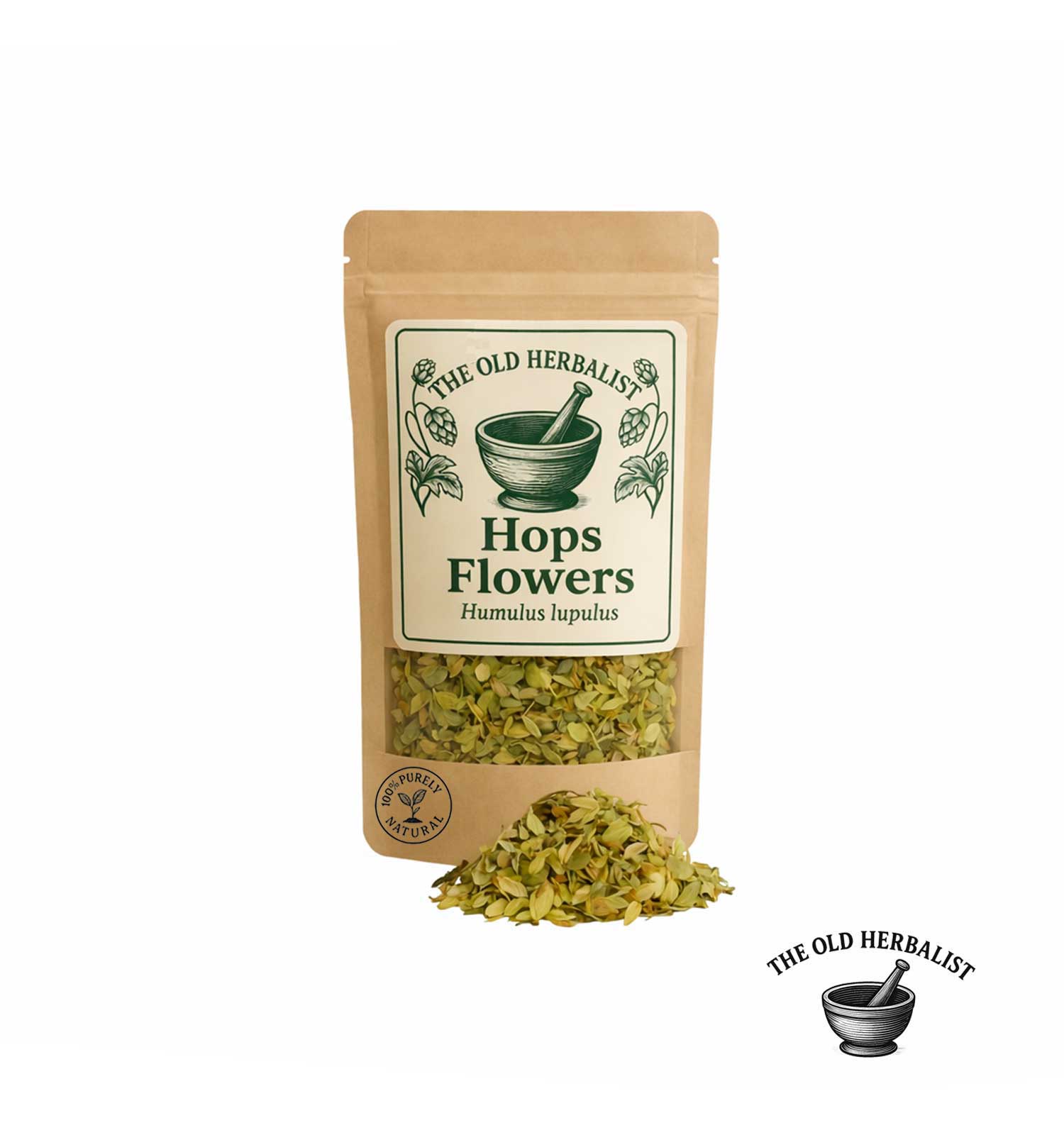 Dried hops flowers in kraft pouch – herbal ingredient.
