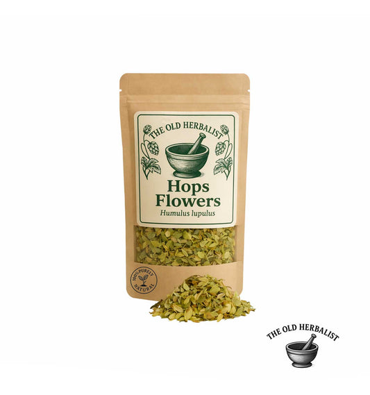 Dried hops flowers in kraft pouch – herbal ingredient.
