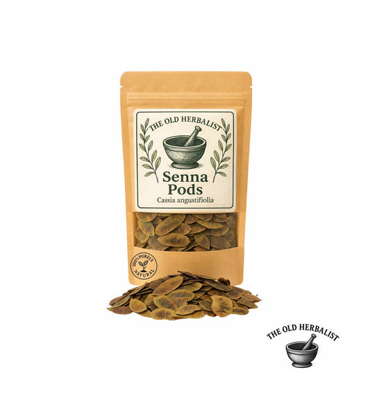 Dried senna pods in kraft pouch – Cassia angustifolia herbal ingredient.
