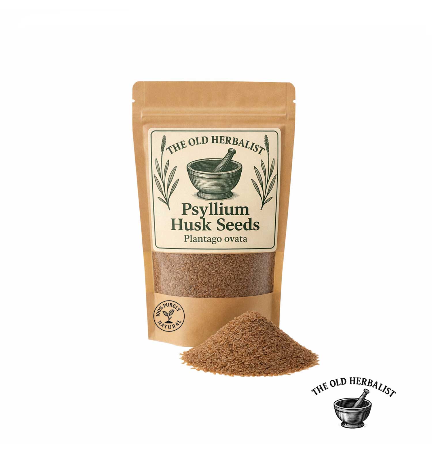 Dried psyllium husk seeds in kraft pouch – natural herbal ingredient.

