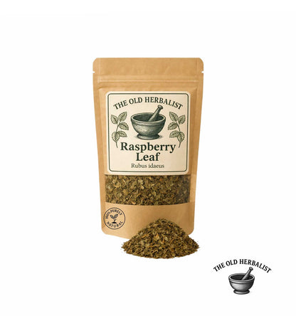 Dried raspberry leaf in kraft pouch – herbal tea ingredient.
