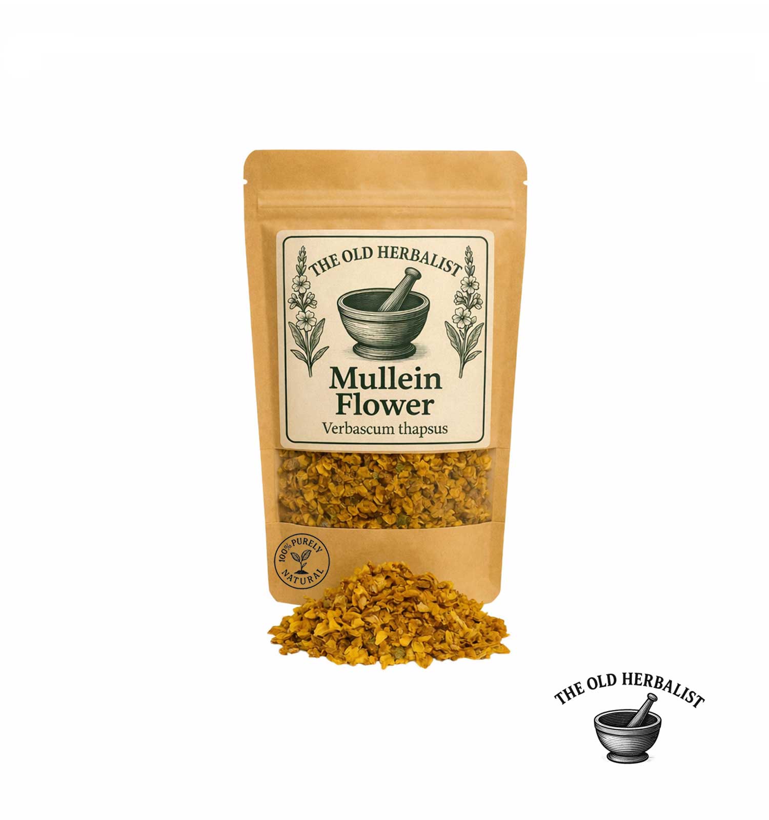 Dried mullein flowers in kraft pouch – herbal ingredient.
