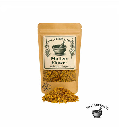 Dried mullein flowers in kraft pouch – herbal ingredient.
