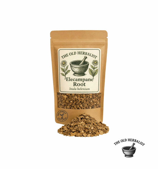 Dried elecampane root pieces in kraft pouch – herbal root.