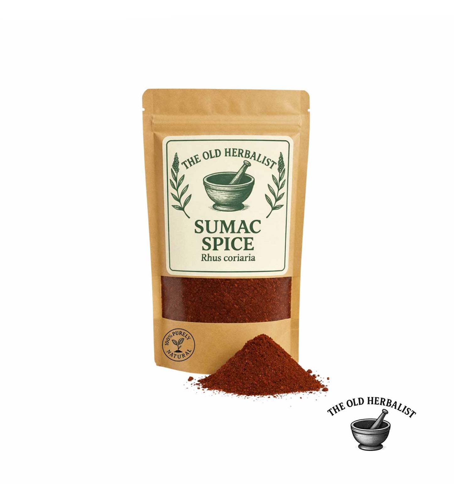 Dried sumac spice powder in kraft pouch – natural Mediterranean seasoning.