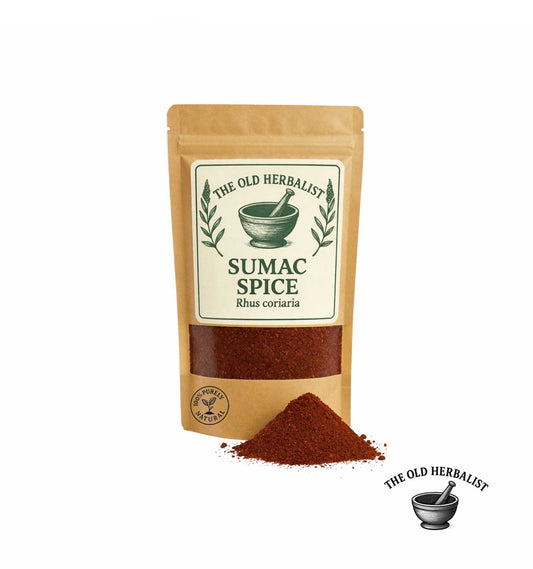 Dried sumac spice powder in kraft pouch – natural Mediterranean seasoning.