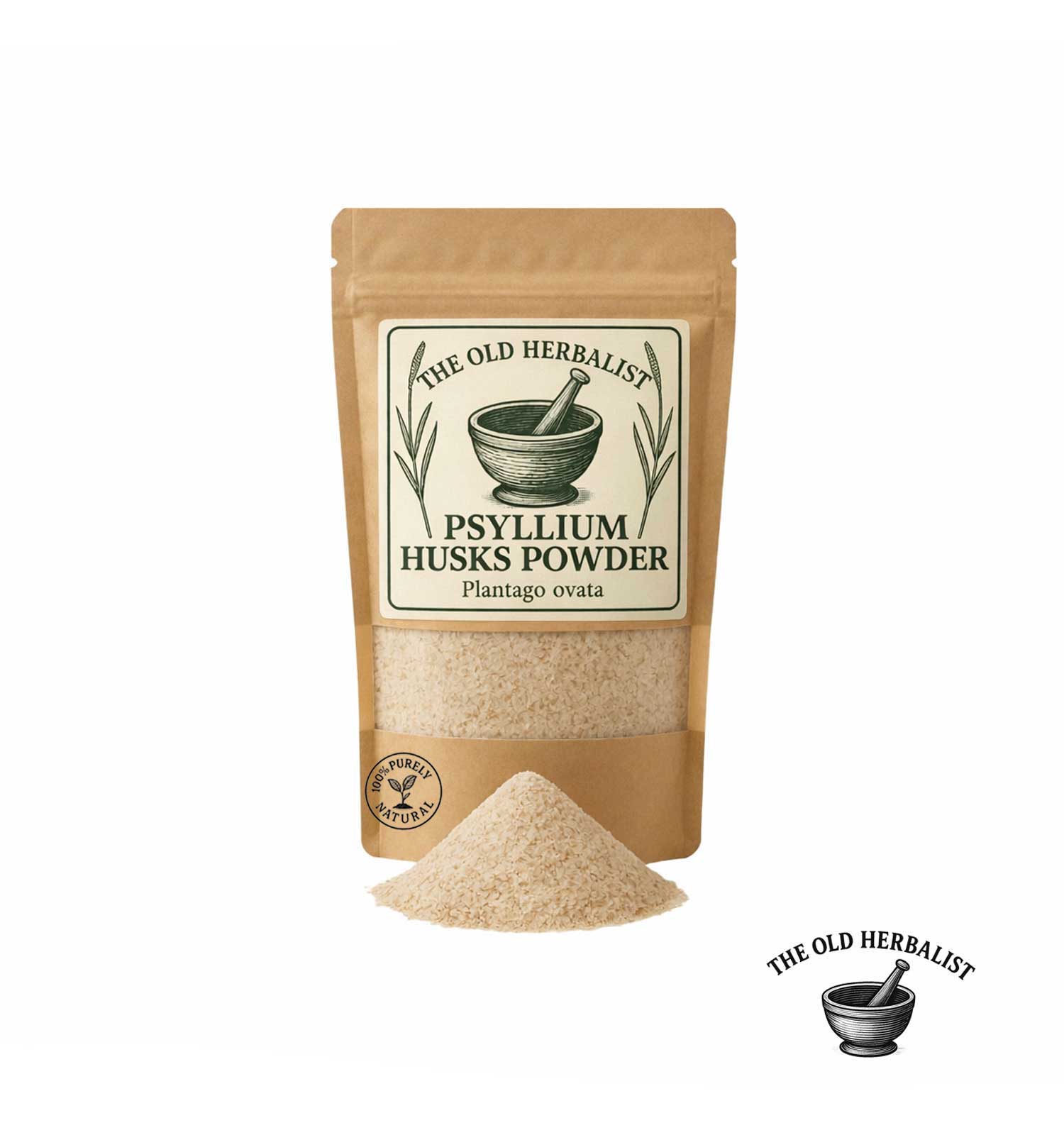 Psyllium husks powder in kraft pouch – natural fiber ingredient.
