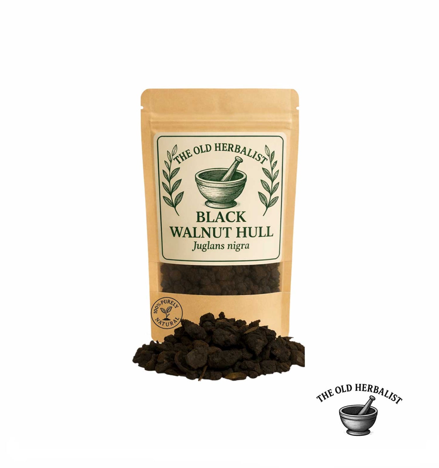 Dried black walnut hull in kraft pouch – herbal ingredient.