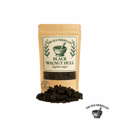 Dried black walnut hull in kraft pouch – herbal ingredient.