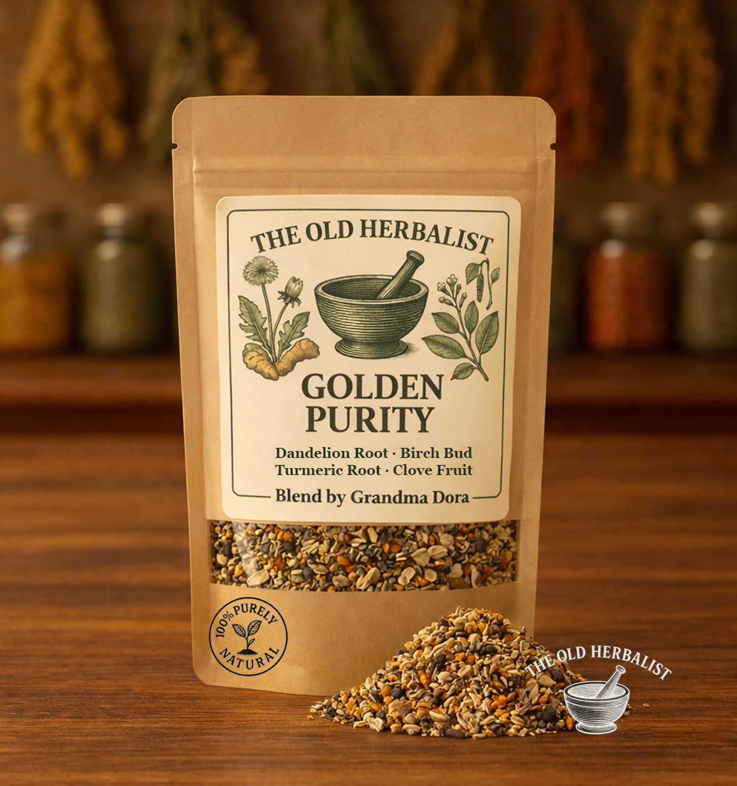 Golden Purity detox herbal tea blend in kraft pouch – loose roots and spices.