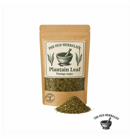 Dried ribwort plantain leaf in kraft pouch – herbal ingredient.
