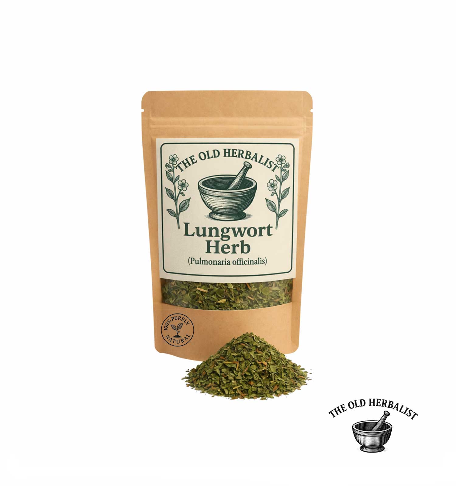 Dried lungwort herb in kraft pouch – Pulmonaria officinalis herbal leaf.
